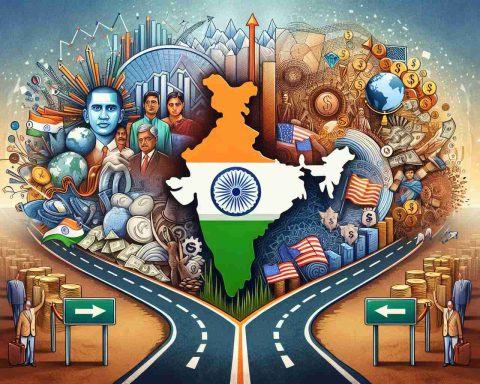 Create a realistic, high-definition image showcasing a metaphorical representation of India's economy at a crossroads. Additionally, depict abstract concepts to demonstrate changes introduced by policies of a generic American politician not including any portraits or people. The image could use symbolic elements like different roads, currency symbols, charts, or globes.