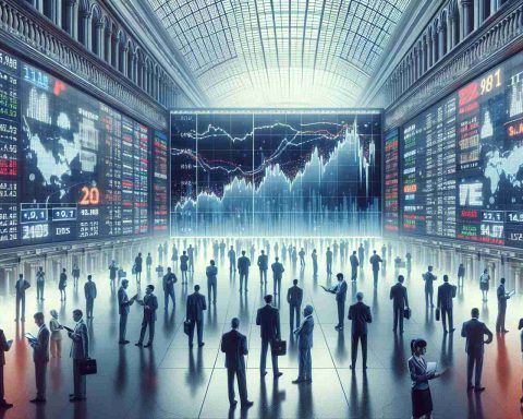 Create a high-definition, realistic image depicting the scene of a muted market debut. This scene should represent an event related to a hypothetical company named 'Sagility India'. Show the stock market indicators showing mixed performance and consider incorporating symbolic elements like people in business suits, a stock exchange building or trading screens teeming with numbers and charts.