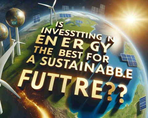 Realistic high-definition photo of text superimposed on an image that depicts the theme 'Is Investing in Energy the Best Bet for a Sustainable Future?'. The text should be bold, clear, and easy to read. The background image could consist of visuals such as wind turbines, solar panels, or a verdant earth viewed from space that is flooded with golden sunlight, emphasizing the concept of renewable energy and sustainability.