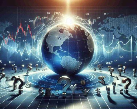 Generate a realistic HD image that represents the concept of Global Drama Keeping Markets Guessing: What's Next? It could include visual elements such as a rotating globe casting a shadow on an unpredictable graph line, symbolizing global issues. To further emphasize the uncertainty, scatter question marks around the scene. Add symbols of financial markets such as stocks and currencies in the backdrop to signify 'markets'. The overall lighting of the scene could be dramatic to emphasize the 'drama' aspect.