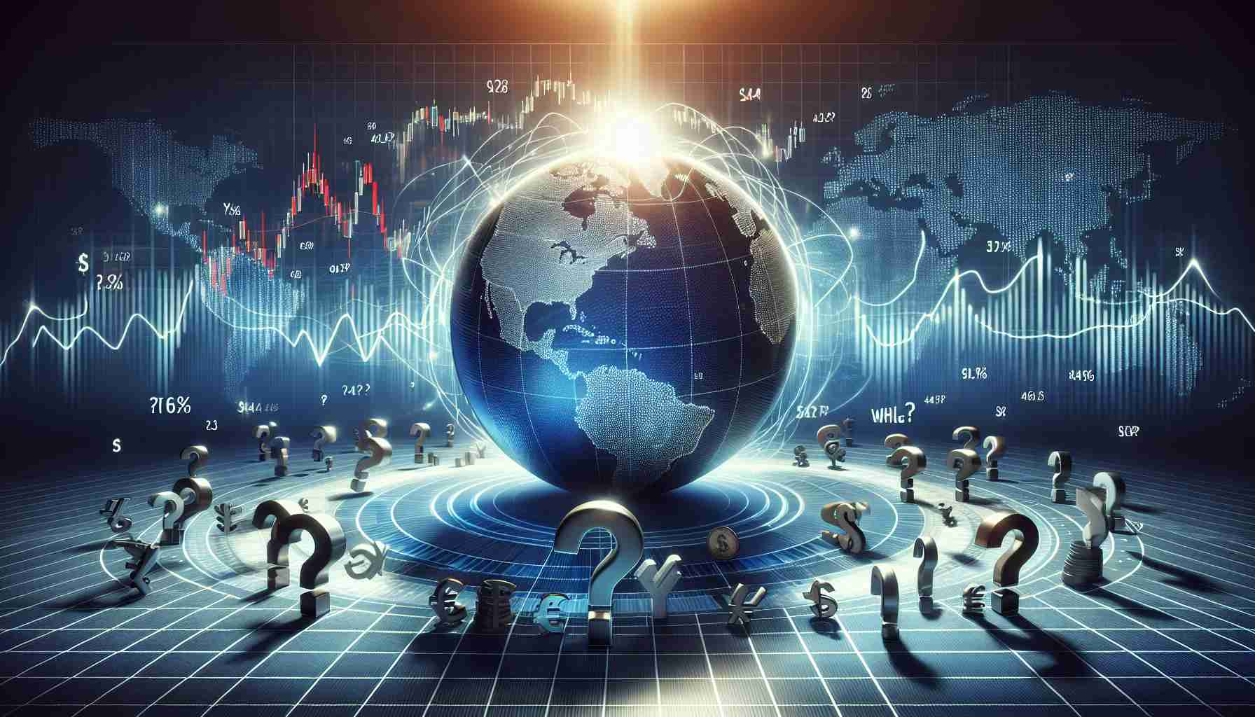 Generate a realistic HD image that represents the concept of Global Drama Keeping Markets Guessing: What's Next? It could include visual elements such as a rotating globe casting a shadow on an unpredictable graph line, symbolizing global issues. To further emphasize the uncertainty, scatter question marks around the scene. Add symbols of financial markets such as stocks and currencies in the backdrop to signify 'markets'. The overall lighting of the scene could be dramatic to emphasize the 'drama' aspect.