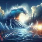 Create a realistic high-definition image that represents the concept of a strong and unexpected surge in a tech company's stock price, symbolically represented through a powerful sea wave steadily advancing and shocking an open, unprepared market scene.