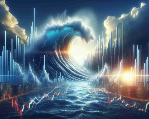 Create a realistic high-definition image that represents the concept of a strong and unexpected surge in a tech company's stock price, symbolically represented through a powerful sea wave steadily advancing and shocking an open, unprepared market scene.