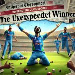 A high-definition, realistic image depicting the concept of 'The Unexpected Winner'. It shows an unexpected victory situation that deeply impacts India. A scene with an underdog player celebrating after winning a cricket match against all odds. The excitement and disbelief on the player's face are palpable. His teammates and the spectators in the stadium are ecstatic. The impact of this victory shakes the nation of India, symbolically shown by newspapers, social media posts, and television broadcasts across the country celebrating this unexpected victory.