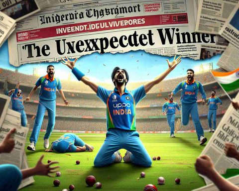 A high-definition, realistic image depicting the concept of 'The Unexpected Winner'. It shows an unexpected victory situation that deeply impacts India. A scene with an underdog player celebrating after winning a cricket match against all odds. The excitement and disbelief on the player's face are palpable. His teammates and the spectators in the stadium are ecstatic. The impact of this victory shakes the nation of India, symbolically shown by newspapers, social media posts, and television broadcasts across the country celebrating this unexpected victory.