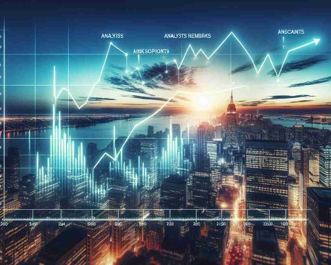 Create a realistic HD photo of a hypothetical financial scenario, subtly depicted through a rising line graph showing a favorable trend for a fictitious energy company named Gibson Energy. The chart should be presented on a background of an urban cityscape at dusk to symbolize the anticipation and trials of the stock market. Include an overlay of analyst remarks and insights, as if they have given their favorable opinions on the company's future.