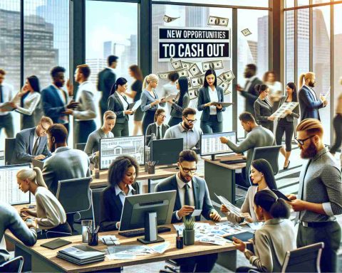 Realistic, high definition image representing the major transition in private companies. Picture a vibrant, hustling, and bustling office environment. Include diverse group of employees, showcasing a mix of Caucasian, Asian, and Black people of both genders, busily engaged in work discussions, handling paperwork, making phone calls, etc. Highlight a few employees visibly excited about new opportunities, perhaps holding their payout checks or viewing impressive figures on a computer screen. Incorporate a sign in the background that announces 'New Opportunities to Cash Out'.