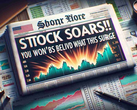 Visualize a high-definition, realistic image of a newspaper headline reading 'Stock Soars! You Won't Believe What's Behind This Surge'. Show the urgent and surprised atmosphere of this moment in the financial world. Depict the headline in bold, eye-catching letters along with a background that includes charts, graphs, and other indicators that suggest an unexpected surge in stock prices. Do not reveal any specific company, just focus on the general excitement in the stock market.