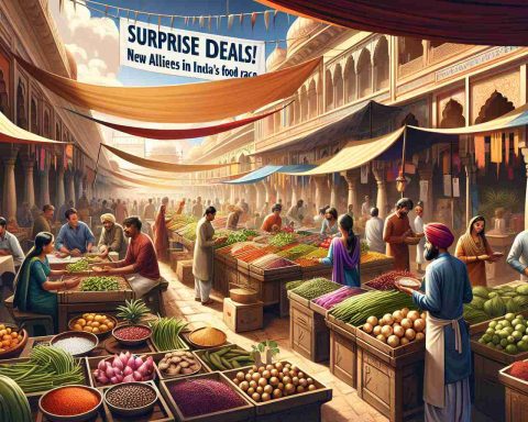 Create a realistic, high-definition image featuring the headline 'Surprise Deals! New Allies in India's Food Race'. The scene could portray an Indian food market bustling with activity. Visualize stalls filled with freshly grown produce, colorful spices, and local delicacies, and people engrossed in their shopping, searching for the best deals. Native Indian vendors enthusiastically selling their goods while budding entrepreneurs make alliances. The atmosphere is charged with excitement, anticipation, and the promise of new partnerships.