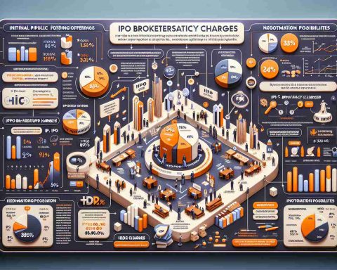 Design an HD infographic with a detailed, realistic visual layout explaining the secrets behind Initial Public Offering (IPO) brokerage charges. The infographic should educate viewers on the key information they need to know, such as the definition of IPO brokerage charges, the common percentage ranges, negotiation possibilities, and any hidden fees involved. Visualization should include clear graphs, pie charts, and possibly a scenario of an IPO process with annotations. The color scheme should be engaging yet professional, and the text should be easy to read, perhaps with highlighted key terms or phrases.