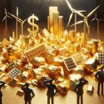 An high-definition, realistic image representing the concept of 'investors missing out on the renewable energy gold rush'. This includes a background of gold nuggets, symbols of solar panels and wind turbines amidst the gold, and various silhouettes of confused investors left looking in other directions, symbolizing their missed opportunity.