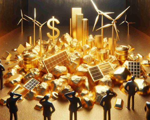 An high-definition, realistic image representing the concept of 'investors missing out on the renewable energy gold rush'. This includes a background of gold nuggets, symbols of solar panels and wind turbines amidst the gold, and various silhouettes of confused investors left looking in other directions, symbolizing their missed opportunity.