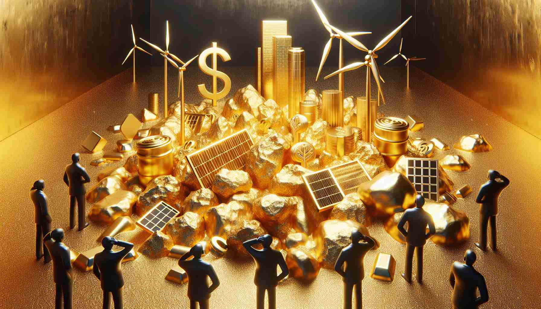 An high-definition, realistic image representing the concept of 'investors missing out on the renewable energy gold rush'. This includes a background of gold nuggets, symbols of solar panels and wind turbines amidst the gold, and various silhouettes of confused investors left looking in other directions, symbolizing their missed opportunity.