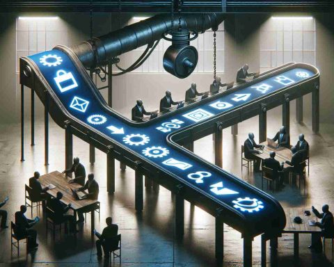 Generate a hyper-realistic, high-definition image representing the abstract concept of key influential figures secretively planning their next big moves, symbolized by a conveyer belt. The conveyer belt is filled with symbolic items representing different ideas and strategies, under a dimly lit room.