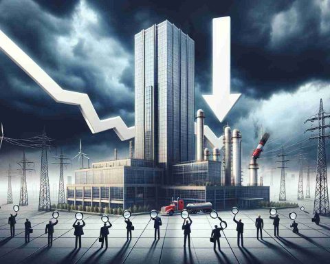 A realistic high-definition image representing the concept of turbulence in the energy sector. A large company, symbolized by a towering skyscraper, stands against a stormy sky. Financial specialists, depicted as small figures, are looking up at the building with magnifying glasses and adjusting a large, downward-pointing arrow symbolizing the lowering of the price target. Please accompany this image with a comprehensive explanation in the form of text overlays, explaining the reasons for this economic phenomenon.