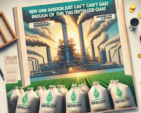 Generate a realistic HD image of a magazine headline that reads 'Why One Investor Just Can't Get Enough of This Fertilizer Giant! Discover His Strategic Bet Now'. The image should feature a large factory in the background with smokestacks billowing out steam. In the foreground, there should be stacks of fertilizer bags with the logo of a fictitious company. There should also be a symbolic image representing investment, such as golden coins or a growing plant.