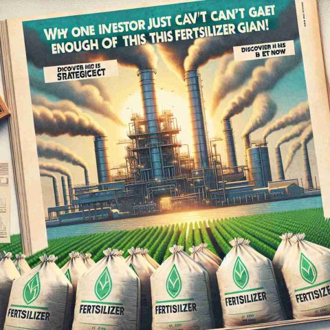 Generate a realistic HD image of a magazine headline that reads 'Why One Investor Just Can't Get Enough of This Fertilizer Giant! Discover His Strategic Bet Now'. The image should feature a large factory in the background with smokestacks billowing out steam. In the foreground, there should be stacks of fertilizer bags with the logo of a fictitious company. There should also be a symbolic image representing investment, such as golden coins or a growing plant.