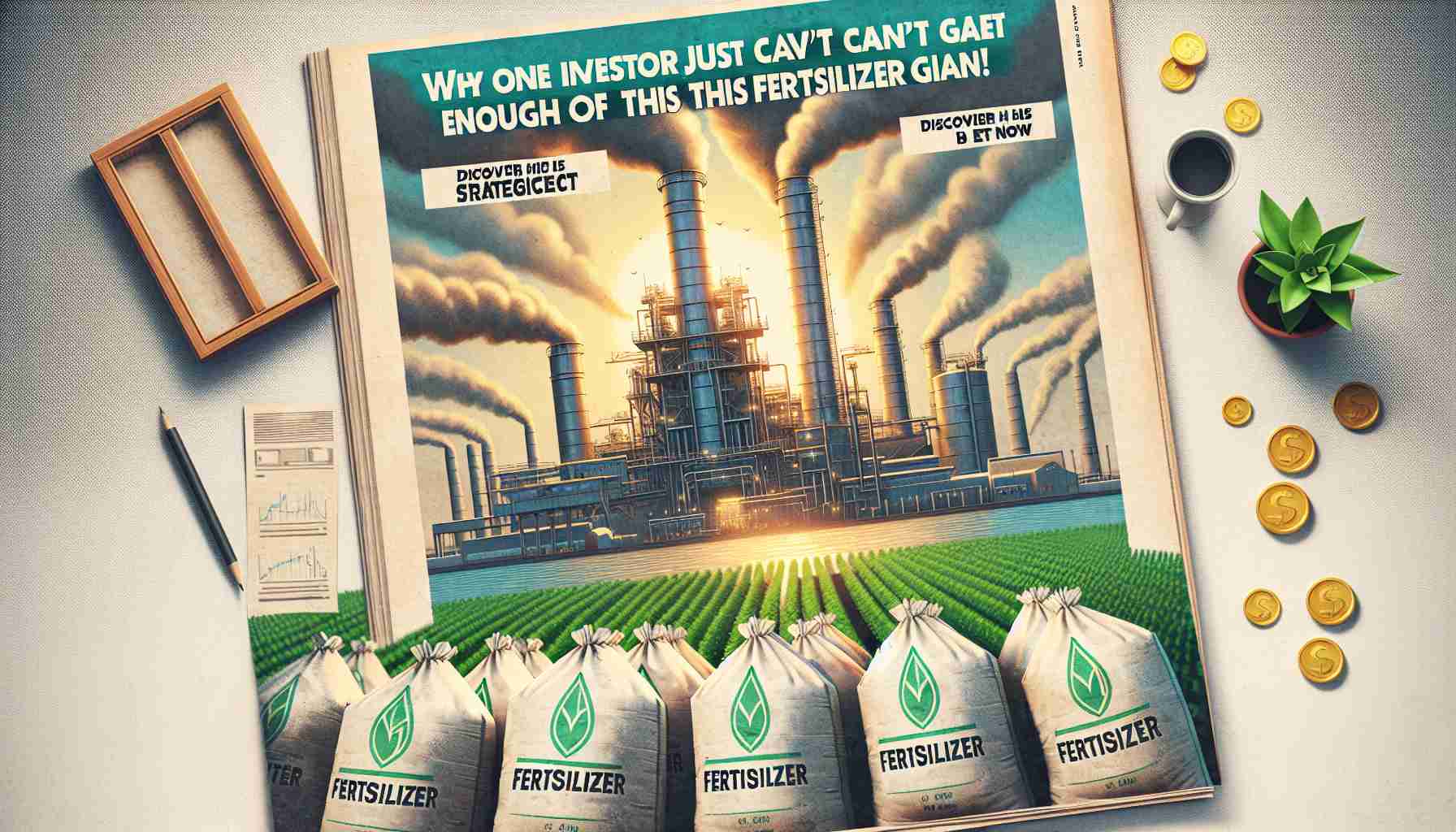 Generate a realistic HD image of a magazine headline that reads 'Why One Investor Just Can't Get Enough of This Fertilizer Giant! Discover His Strategic Bet Now'. The image should feature a large factory in the background with smokestacks billowing out steam. In the foreground, there should be stacks of fertilizer bags with the logo of a fictitious company. There should also be a symbolic image representing investment, such as golden coins or a growing plant.