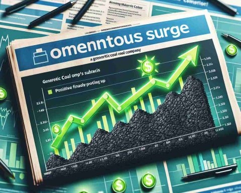 Generate an image that shows the momentous surge of a generic coal company's shares. Display a realistic newspaper or online article depicting this scenario with bar and line graphs illustrating a significant upward trend. Please also depict positive financial icons (like green arrows pointing up) to symbolize positive momentum. Make sure it is depicted in high definition quality.