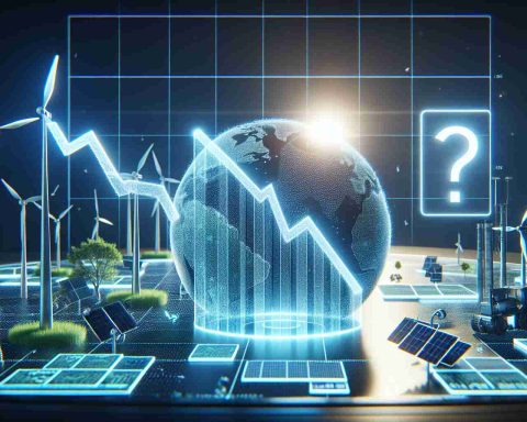 A realistic, high-definition image illustrating the surprising slump in renewable energy stocks. The visualization features a declining graph line on a holographic display, indicating the fall of green energy shares in a stock market. Iconic symbols of renewable energy, such as wind turbines and solar panels, are seen in the background. There's a question mark hovering above the scene, symbolizing the uncertainty and question - 'What's Really Happening?'