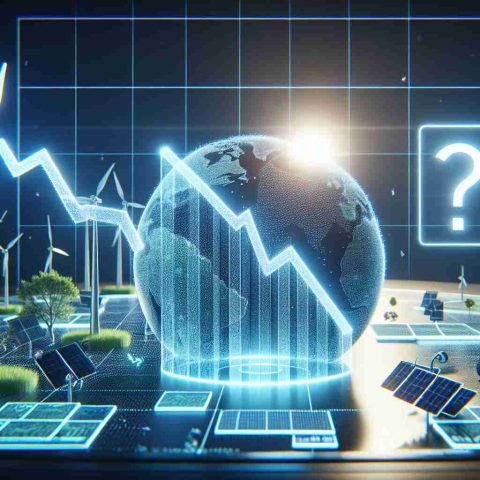 A realistic, high-definition image illustrating the surprising slump in renewable energy stocks. The visualization features a declining graph line on a holographic display, indicating the fall of green energy shares in a stock market. Iconic symbols of renewable energy, such as wind turbines and solar panels, are seen in the background. There's a question mark hovering above the scene, symbolizing the uncertainty and question - 'What's Really Happening?'