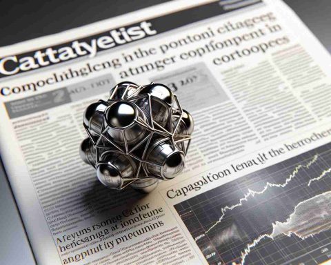 A highly detailed and realistic rendering of a symbolic catalyst object placed on a newspaper with headlines discussing the projected performance of a prominent electronic car company's stock in the year 2024.