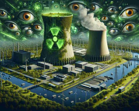 A hyper-realistic, high-definition image representing the concept of Oklo's Nuclear Gamble. It might include an abstract representation of a nuclear facility situated in a green, sustainable environment, suggesting the presence of sustainable innovation. Incorporate elements to give a sense of intense scrutiny—perhaps multiple eyes watching over the facility or critical documents like reports and audits scattered around. To signify the intensity, you could use vivid colors and dramatic shadows. No depiction of humans or animals in this scenario. This image should be saturated with symbolism and metaphorical elements.