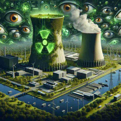 A hyper-realistic, high-definition image representing the concept of Oklo's Nuclear Gamble. It might include an abstract representation of a nuclear facility situated in a green, sustainable environment, suggesting the presence of sustainable innovation. Incorporate elements to give a sense of intense scrutiny—perhaps multiple eyes watching over the facility or critical documents like reports and audits scattered around. To signify the intensity, you could use vivid colors and dramatic shadows. No depiction of humans or animals in this scenario. This image should be saturated with symbolism and metaphorical elements.