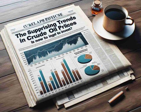 Realistic high-definition visualization of a newspaper article with the headline 'The Surprising Trends in Crude Oil Prices: Is Now the Time to Invest?', placed on a wooden table next to a cup of coffee. The article contains bar graphs, pie charts, and other diagrams illustrating the rise and fall of crude oil prices.