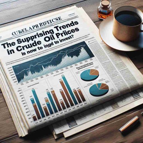 Realistic high-definition visualization of a newspaper article with the headline 'The Surprising Trends in Crude Oil Prices: Is Now the Time to Invest?', placed on a wooden table next to a cup of coffee. The article contains bar graphs, pie charts, and other diagrams illustrating the rise and fall of crude oil prices.