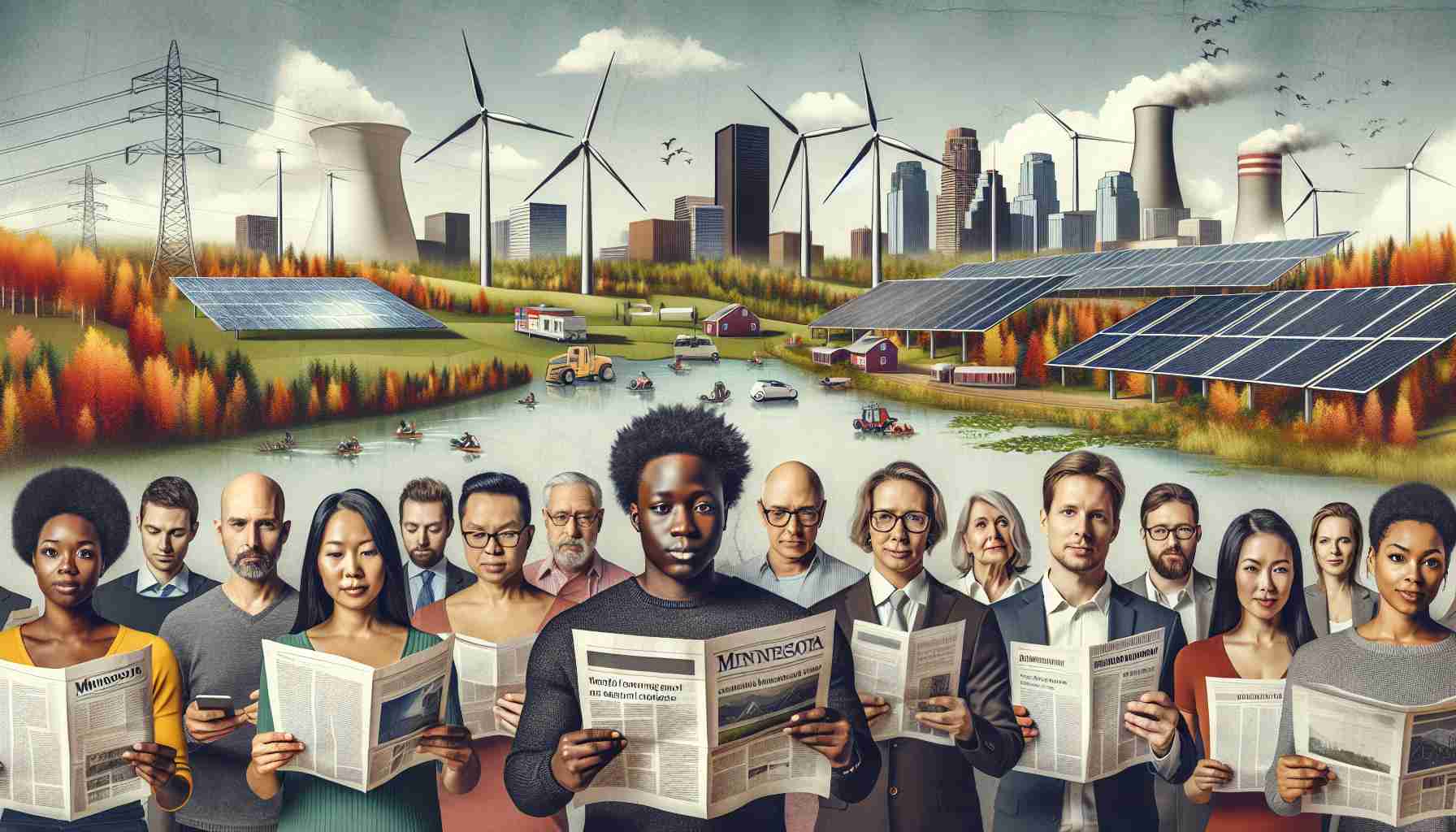 A realistic, high-definition image representing major changes in the energy sector for customers in Minnesota. Picture a range of diverse people, varying in age, gender, and descent such as black, Caucasian, and Asian to represent the customers. Show them reading about the energy changes in the local newspapers or on digital devices. Incorporate visual elements signifying a shift in energy use, like solar panels, wind turbines, and electric vehicles. The background should have Minnesota's landmarks, such as forests or lakes.