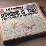 A realistic, high-definition newspaper headline encapsulating the surprising news of LG Energy's recent fiscal quarter. The headline reads 'Surprising LG Energy Tumble! Profit Sinks in Recent Quarter.' This exclamation should suggest a dramatic drop in profits for the company. Also depict a line graph showing the decline, capturing the downward trend in the firm's financial performance to add more depth to the story.