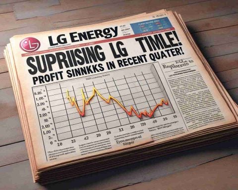 A realistic, high-definition newspaper headline encapsulating the surprising news of LG Energy's recent fiscal quarter. The headline reads 'Surprising LG Energy Tumble! Profit Sinks in Recent Quarter.' This exclamation should suggest a dramatic drop in profits for the company. Also depict a line graph showing the decline, capturing the downward trend in the firm's financial performance to add more depth to the story.