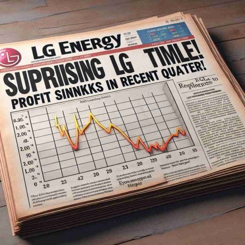 A realistic, high-definition newspaper headline encapsulating the surprising news of LG Energy's recent fiscal quarter. The headline reads 'Surprising LG Energy Tumble! Profit Sinks in Recent Quarter.' This exclamation should suggest a dramatic drop in profits for the company. Also depict a line graph showing the decline, capturing the downward trend in the firm's financial performance to add more depth to the story.