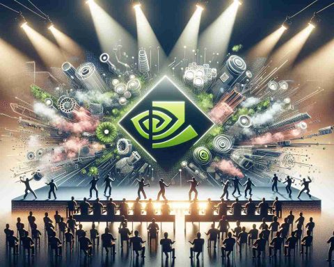 Create an image representing a hypothetical competition scenario where multiple tech companies are challenging NVIDIA. Picture a center stage under bright spotlights, showing abstract representations of several tech companies. Capture the tension and anticipation of a competitive environment. Show some companies having a slight edge over others symbolically to indicate they are currently 'poised to win'.