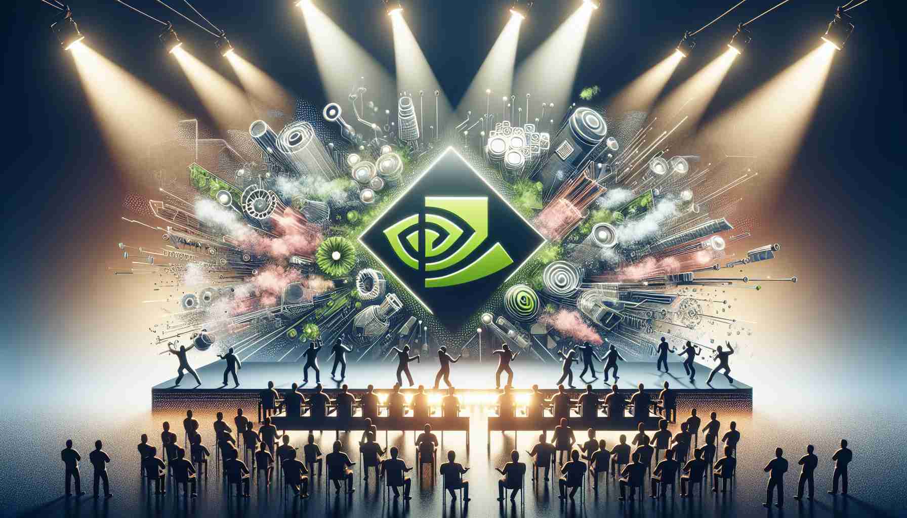 Create an image representing a hypothetical competition scenario where multiple tech companies are challenging NVIDIA. Picture a center stage under bright spotlights, showing abstract representations of several tech companies. Capture the tension and anticipation of a competitive environment. Show some companies having a slight edge over others symbolically to indicate they are currently 'poised to win'.