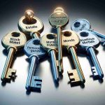 A realistic and high-definition image of six keys, each representing a different type of investment believed to be crucial for future financial stability. The keys are artistically designed to associate with respective investments such as real estate, stock market, bonds, mutual funds, precious metals and innovative technology startups.