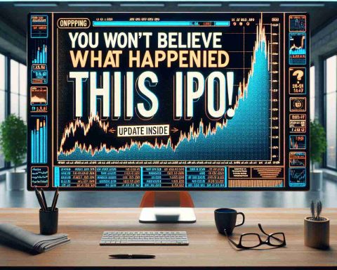 Visual depiction of an intriguing event related to an Initial Public Offering (IPO), with the phrase 'You Won't Believe What Happened with This IPO! Update Inside' written in bold, stylized text. The setting should convey a sense of suspense and surprise, perhaps an unusual graph or sudden surge in stock prices, displayed on a monitor within a modern, professional business environment. Please capture this in a hyper-realistic, high-definition style.