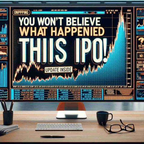 Visual depiction of an intriguing event related to an Initial Public Offering (IPO), with the phrase 'You Won't Believe What Happened with This IPO! Update Inside' written in bold, stylized text. The setting should convey a sense of suspense and surprise, perhaps an unusual graph or sudden surge in stock prices, displayed on a monitor within a modern, professional business environment. Please capture this in a hyper-realistic, high-definition style.