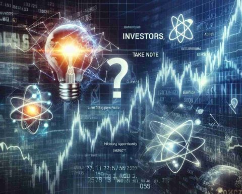 An ultra high-definition photo capturing the abstract concept of investment opportunities in the energy sector. Include a digital representation of stock market graphs, suggesting growth and potential. Also, incorporate symbols of energy, such as a stylized lightning bolt or an atom model. These elements should be subtly hidden, implying a 'hidden opportunity'. At the top of the image, a question mark stands out, symbolizing the uncertainty investors might face. Additionally, the words 'Investors, Take Note' are positioned at the bottom, grabbing the viewer's attention.