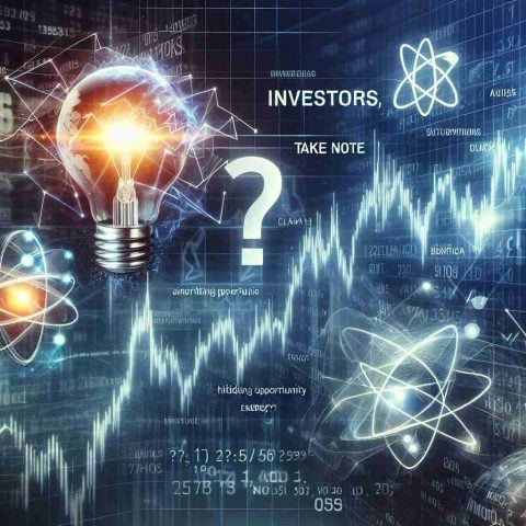 An ultra high-definition photo capturing the abstract concept of investment opportunities in the energy sector. Include a digital representation of stock market graphs, suggesting growth and potential. Also, incorporate symbols of energy, such as a stylized lightning bolt or an atom model. These elements should be subtly hidden, implying a 'hidden opportunity'. At the top of the image, a question mark stands out, symbolizing the uncertainty investors might face. Additionally, the words 'Investors, Take Note' are positioned at the bottom, grabbing the viewer's attention.