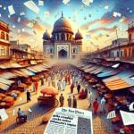 Generate a high-definition image depicting an abstract concept of an Indian market in disarray. Picture vibrant streets with stalls and vendors, crowds of people displaying worry and confusion. Show a prominent business building in the background, flying papers and documents from its windows signifying turmoil. Include a headline in a newspaper lying on the cobblestone street which reads 'Bribe Scandal Rocks Billionaire's Empire'.