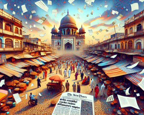 Generate a high-definition image depicting an abstract concept of an Indian market in disarray. Picture vibrant streets with stalls and vendors, crowds of people displaying worry and confusion. Show a prominent business building in the background, flying papers and documents from its windows signifying turmoil. Include a headline in a newspaper lying on the cobblestone street which reads 'Bribe Scandal Rocks Billionaire's Empire'.