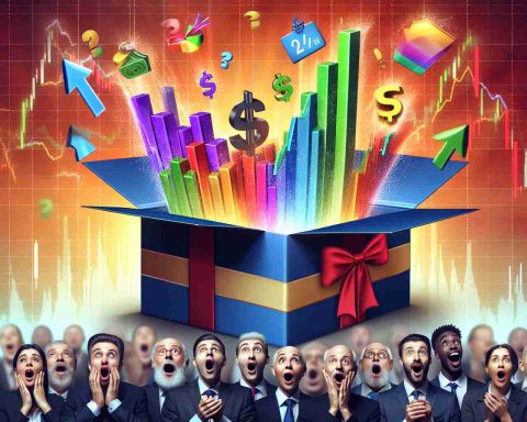 Create a realistic, high-definition image illustrating the concept of a 'stock surprise'. Depict a metaphorical representation of fluctuating stock charts in bright colours, an opened surprise box with financial symbols popping out, and a diverse group of investors reacting with different expressions of awe, shock, and excitement.