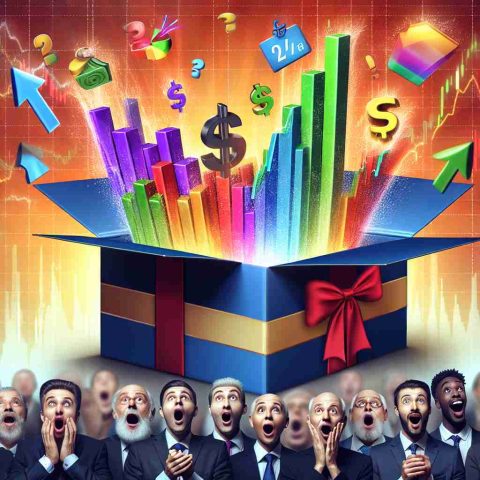 Create a realistic, high-definition image illustrating the concept of a 'stock surprise'. Depict a metaphorical representation of fluctuating stock charts in bright colours, an opened surprise box with financial symbols popping out, and a diverse group of investors reacting with different expressions of awe, shock, and excitement.