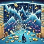 Visual representation of a Financial Market experiencing a sharp decline, often labeled as a Stock Slump. Please illustrate a dense array of line graphs on digital screens, showing falling curves, illustrations of coins and paper money swirling downwards in a downward spiral, and a wide-eyed trader watching the screens in awe.