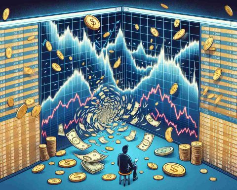 Visual representation of a Financial Market experiencing a sharp decline, often labeled as a Stock Slump. Please illustrate a dense array of line graphs on digital screens, showing falling curves, illustrations of coins and paper money swirling downwards in a downward spiral, and a wide-eyed trader watching the screens in awe.