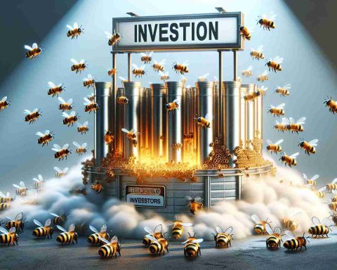 Realistic high-definition image displaying the concept of investment attraction in a steel tube manufacturing company and heightened investor activities. Include visual metaphors such as buzzing bees around a hive to symbolize 'buzzing investors'. Also, include some signage on the hive to represent the company, but do not specify any real company name.