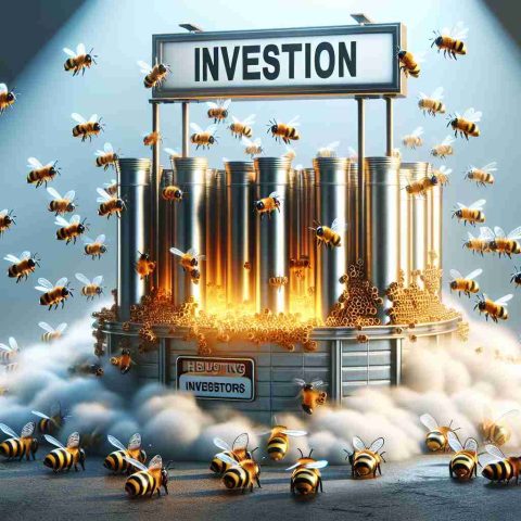 Realistic high-definition image displaying the concept of investment attraction in a steel tube manufacturing company and heightened investor activities. Include visual metaphors such as buzzing bees around a hive to symbolize 'buzzing investors'. Also, include some signage on the hive to represent the company, but do not specify any real company name.