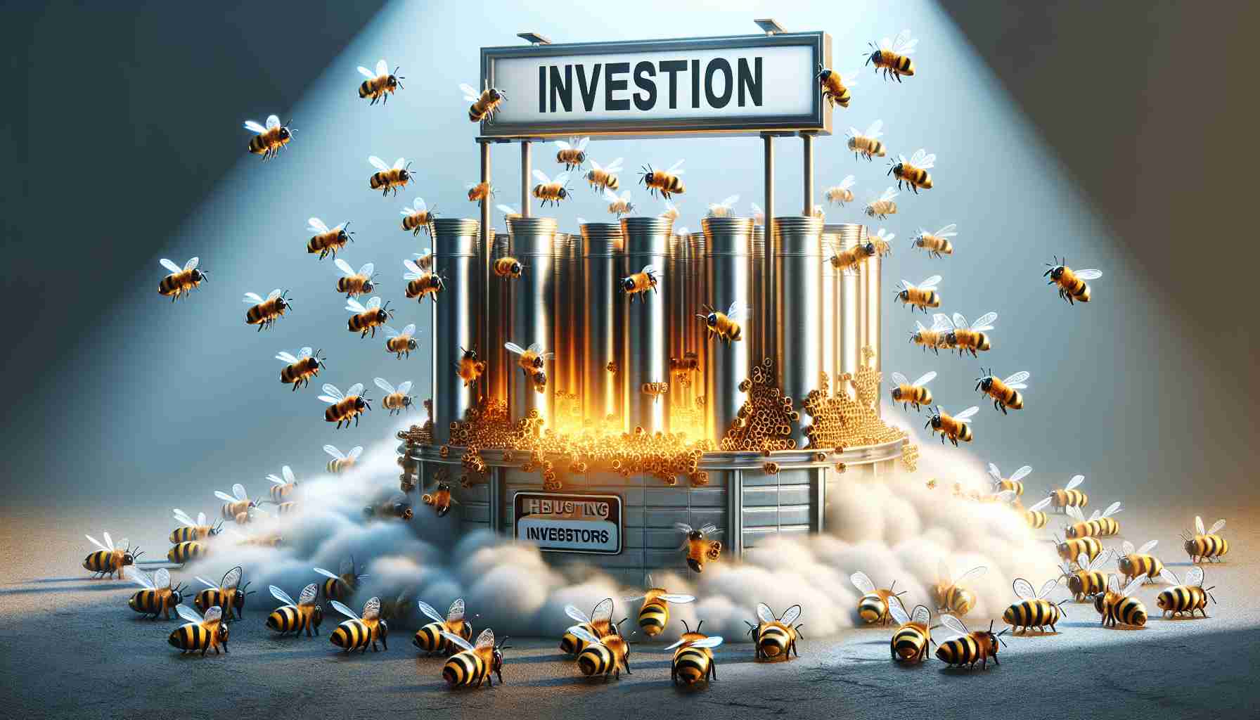 Realistic high-definition image displaying the concept of investment attraction in a steel tube manufacturing company and heightened investor activities. Include visual metaphors such as buzzing bees around a hive to symbolize 'buzzing investors'. Also, include some signage on the hive to represent the company, but do not specify any real company name.